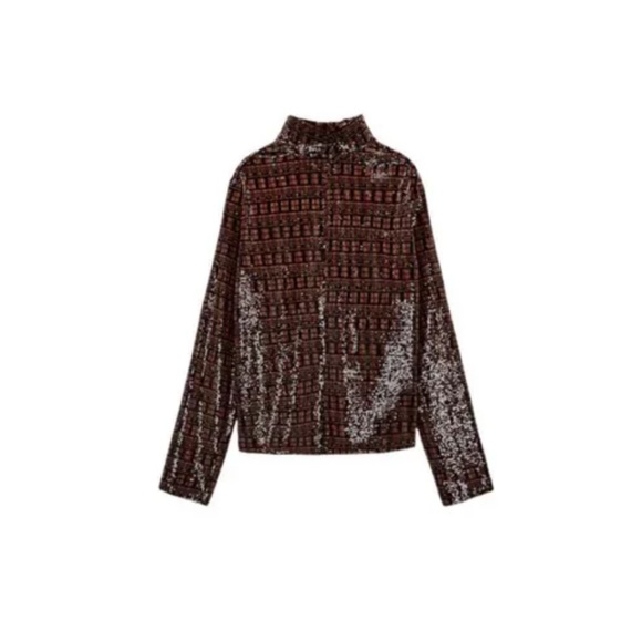 ZARA High Collar Long Sleeve Sequin Top in Medium - Picture 4 of 5